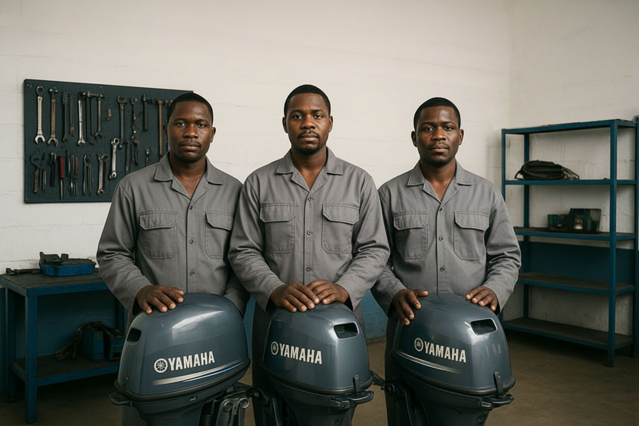 Technician working on a Yamaha outboard engine